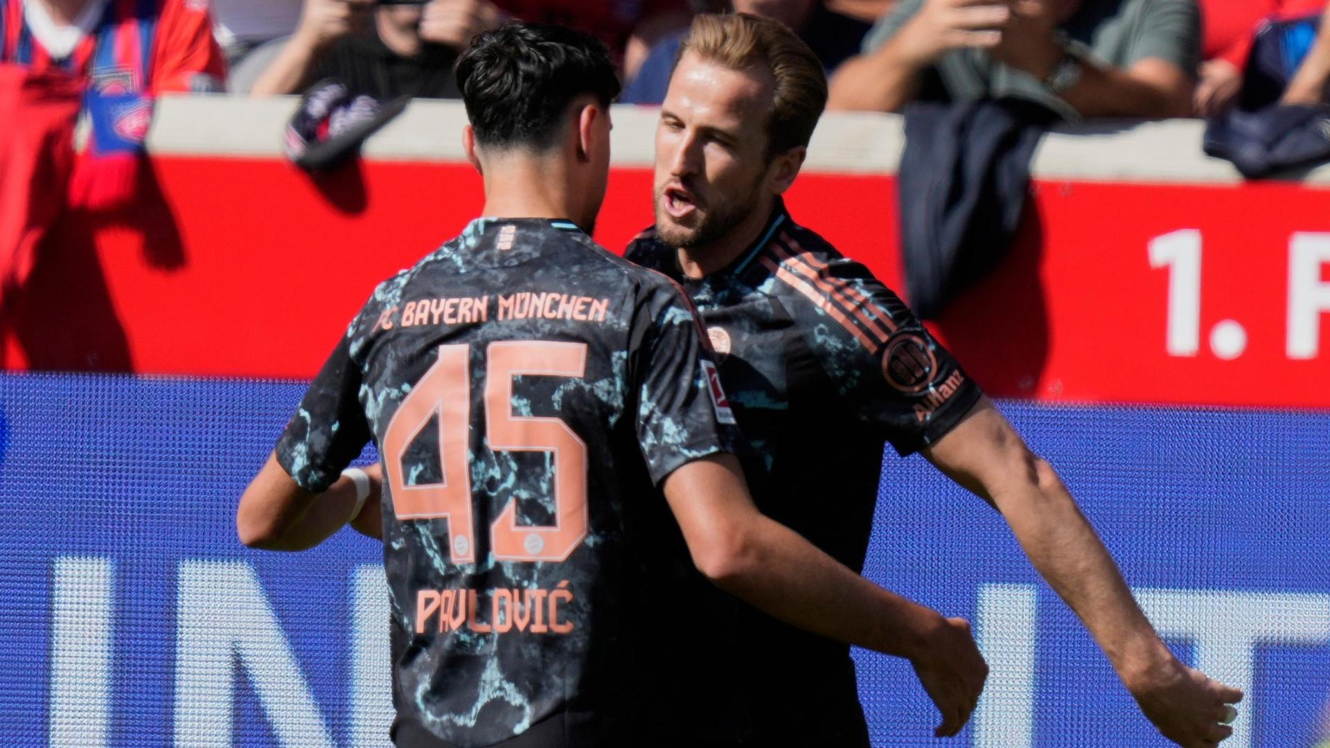 Harry Kane fires from just outside the box to put Bayern ahead