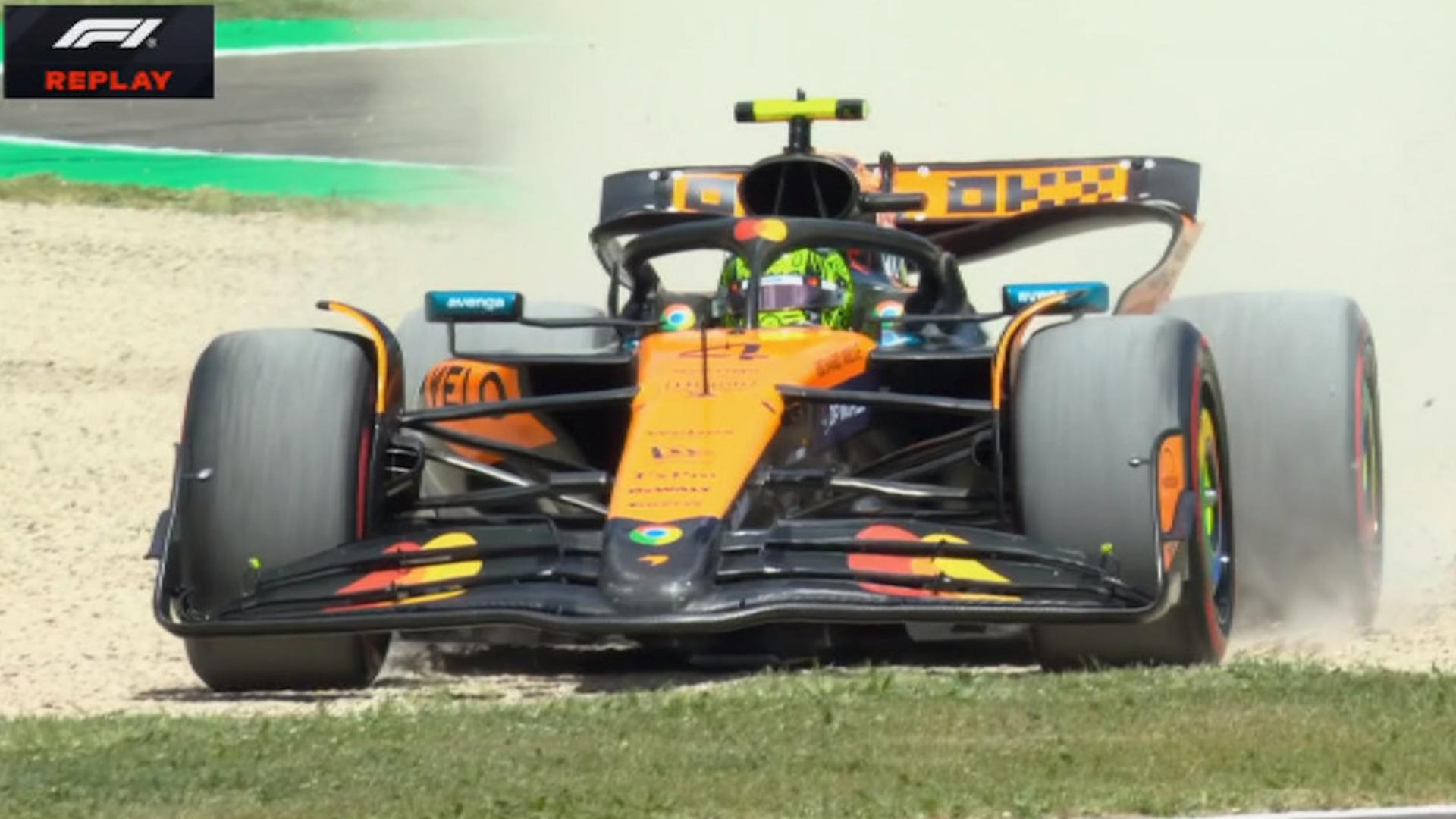 Lando Norris goes onto the gravel during P3