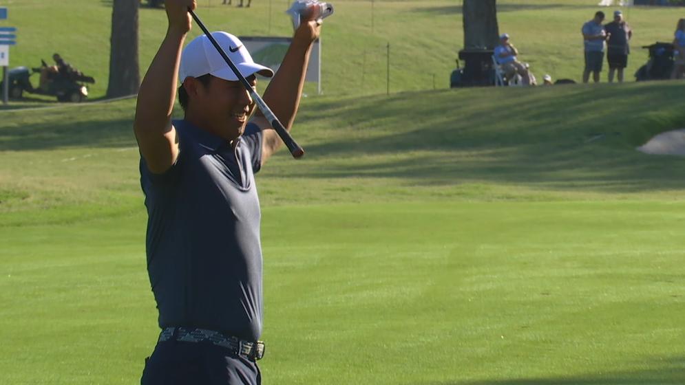 Tom Kim holes out for eagle from 102 yards out