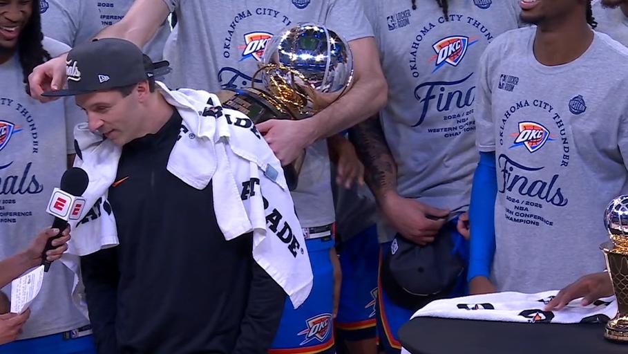 Thunder players cover coach in towels during interview