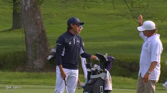Rickie Fowler grabs a tough birdie from 127 yards out