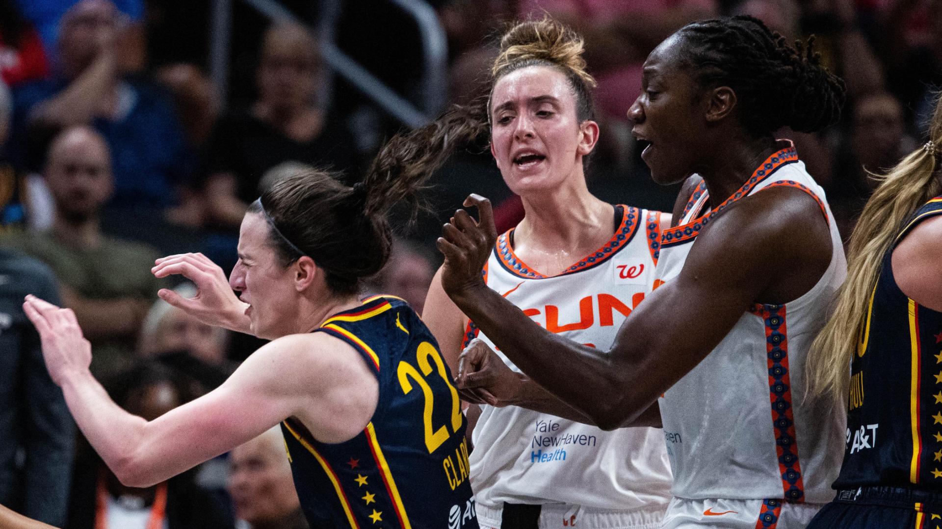 Caitlin Clark knocked to floor in Fever's contentious win vs. Sun