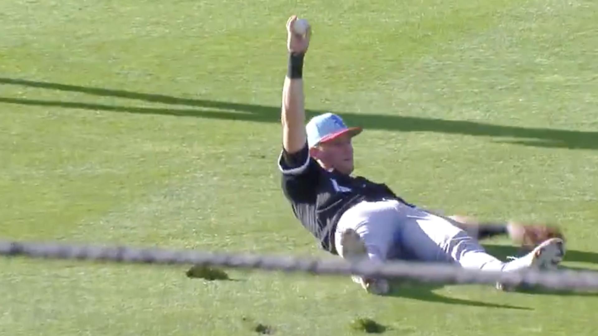 'Welcome to the show!' Colson Montgomery lays out for stunning catch in debut