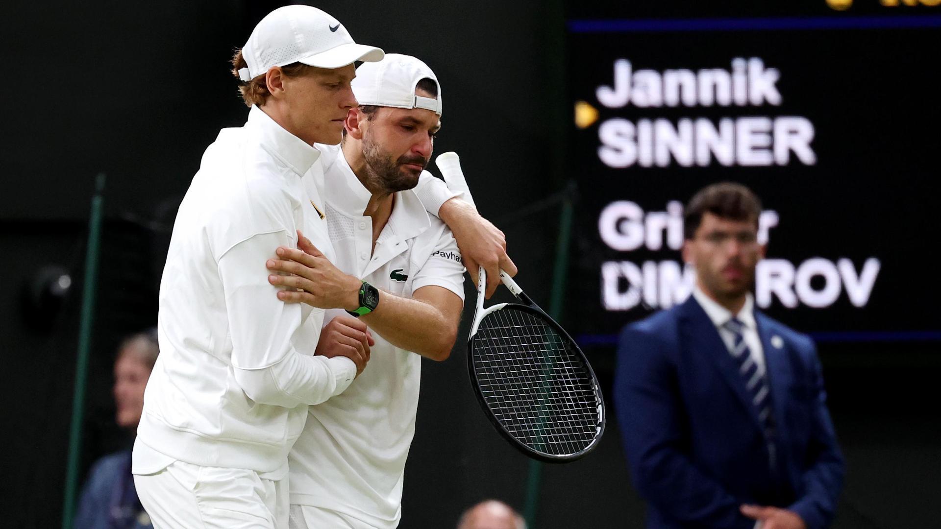 Emotional Dimitrov forced to retire with two-set lead on Sinner