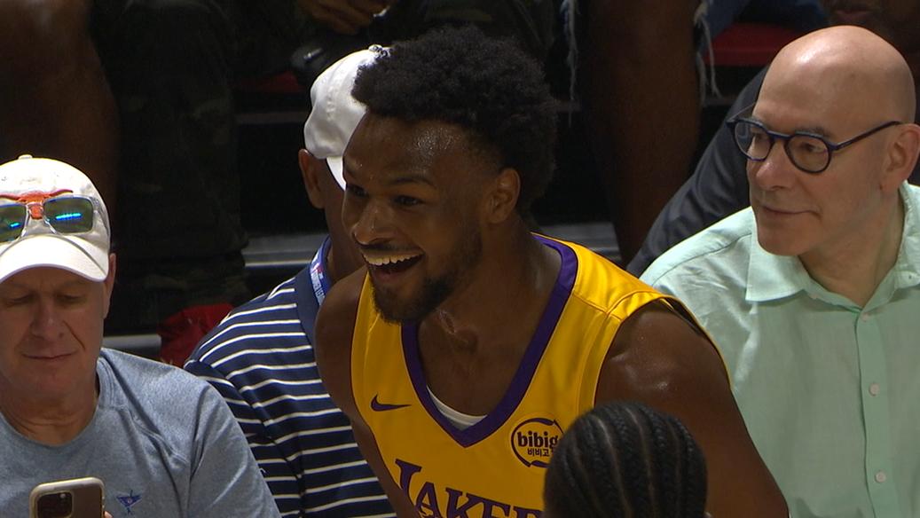 Bronny in disbelief over foul on Flagg, who scores moments later
