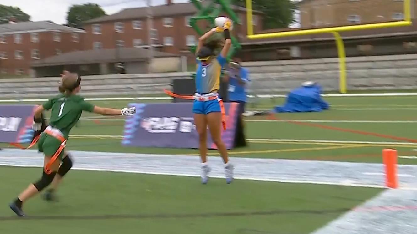 Sophie Guitron comes down with a nasty toe-tap TD for Chargers