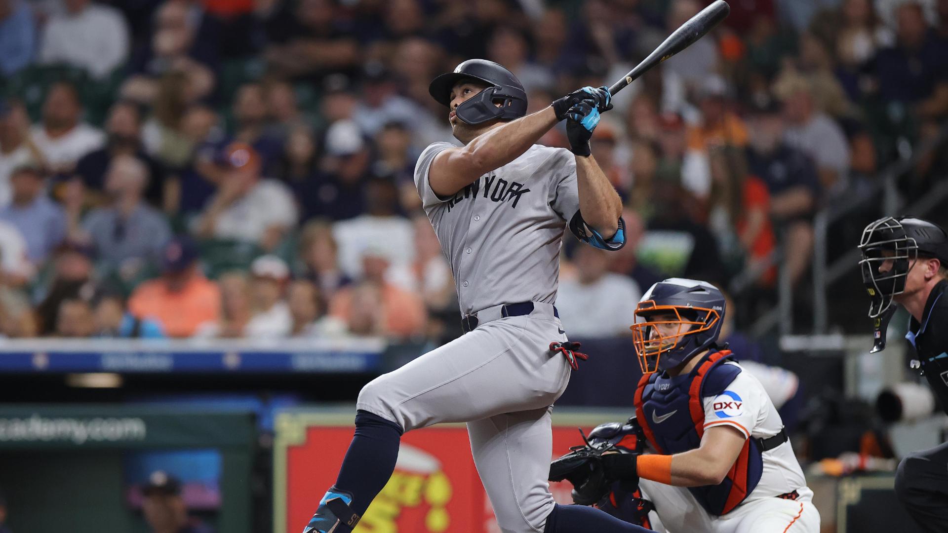 Giancarlo Stanton homers to the train tracks in Houston