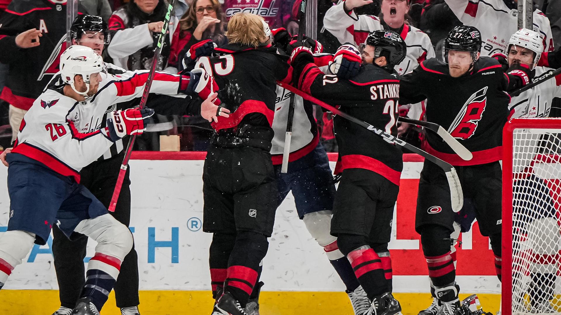 Hit on goaltender sparks multiple brawls in Capitals-Hurricanes