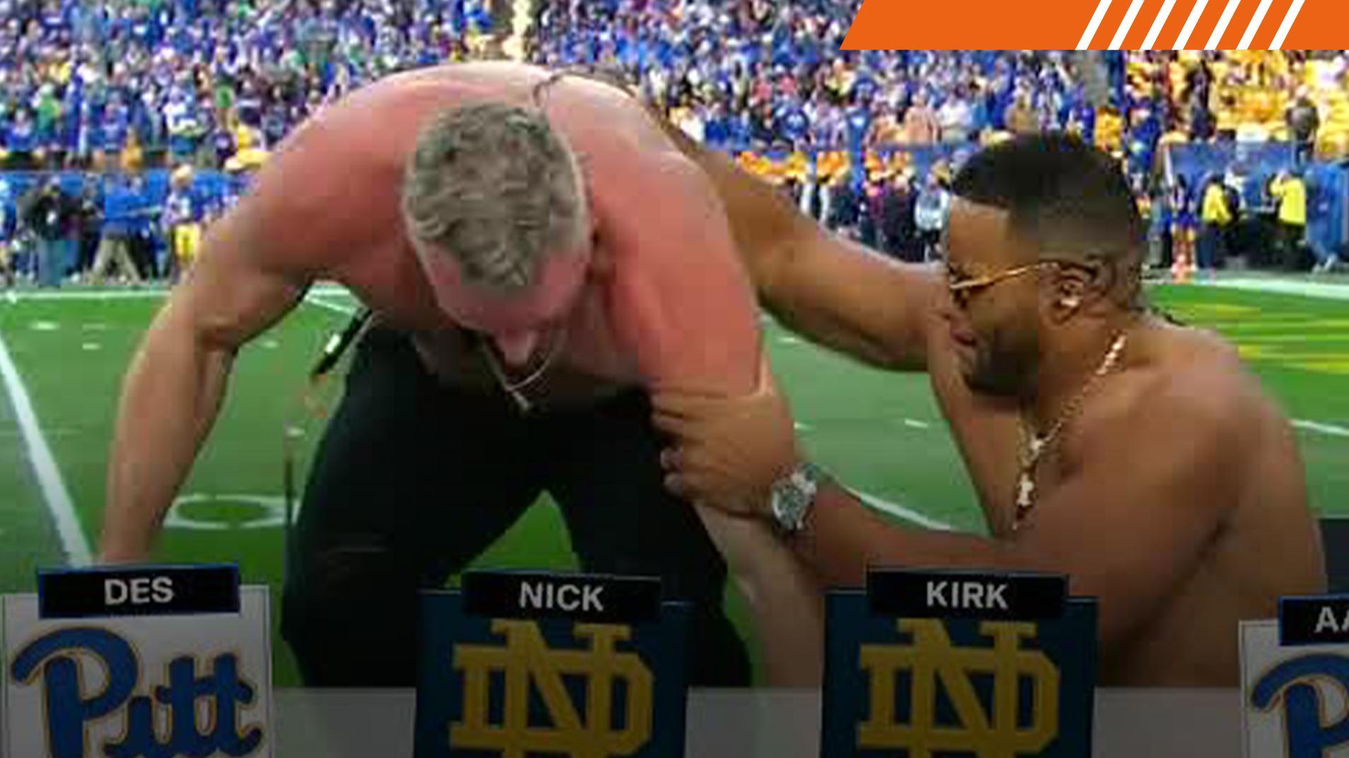Aaron Donald gives Pat McAfee a shove after trolling Notre Dame-Pitt pick