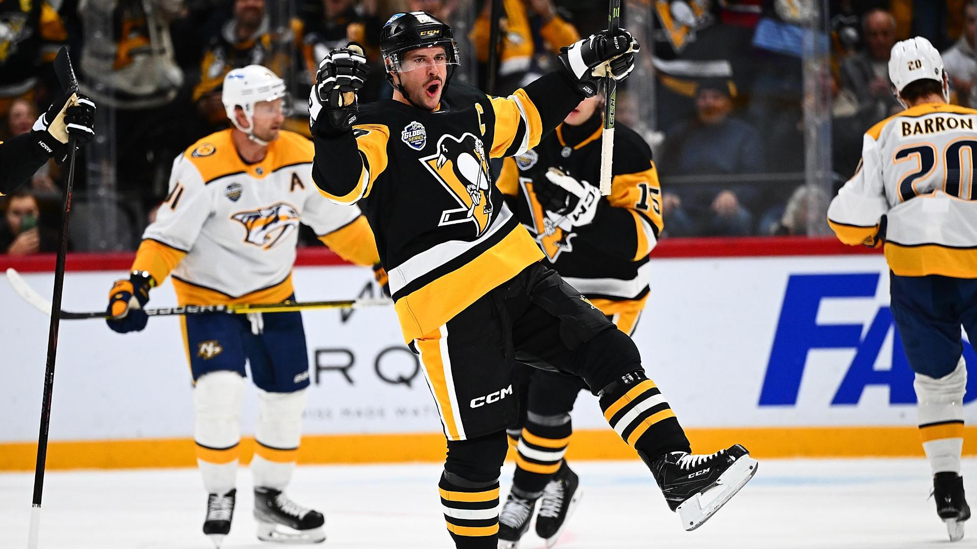 Sidney Crosby rips one into the net for the Penguins