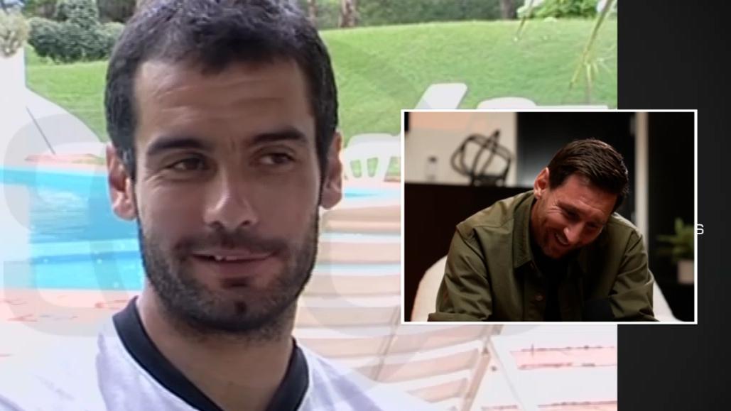 Lionel Messi reacts to praise from a young Pep Guardiola