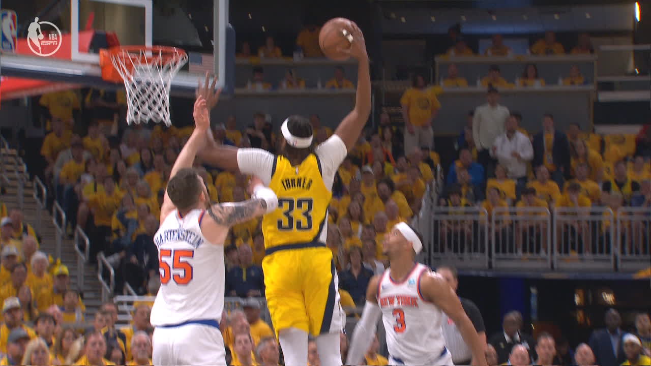 Myles Turner takes flight for an emphatic and-1 jam