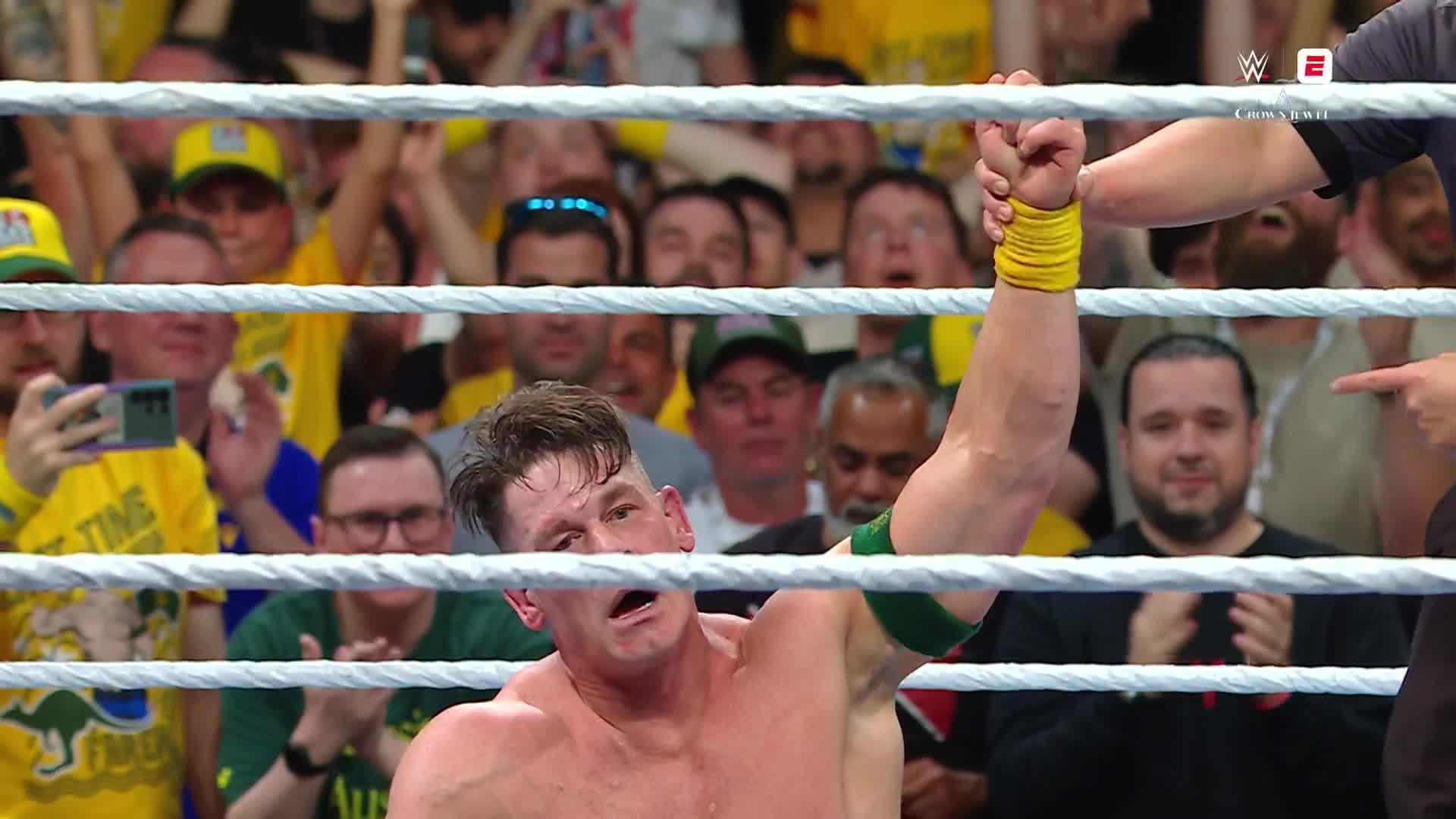 John Cena uses a Tombstone to pin AJ Styles at WWE: Crown Jewel
